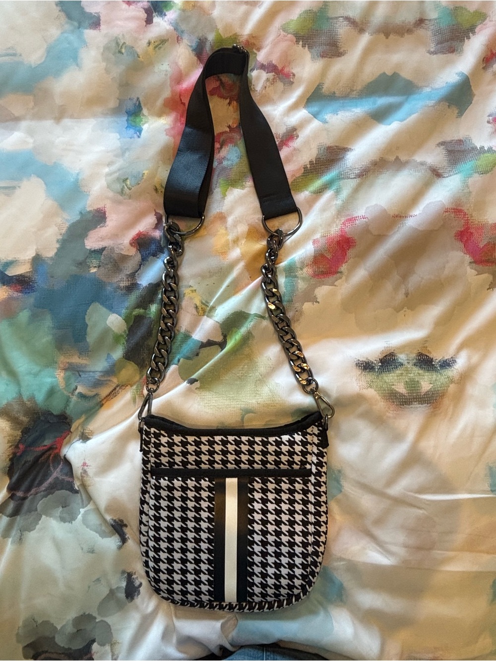 HAUTE SHORE Black & White Houndstooth Crossbody with Stripe